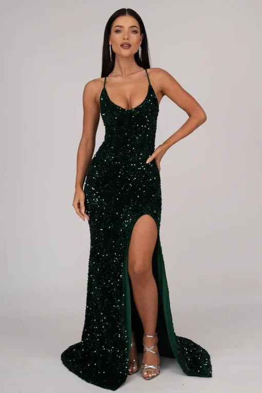 Zelda Side Slit Velvet Sequin Gown - Emerald