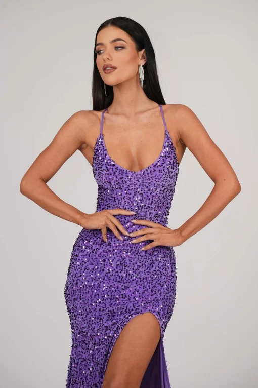 Zelda Side Slit Velvet Sequin Gown - Light Purple