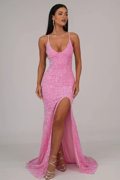 Zelda Side Slit Velvet Sequin Gown - Pink