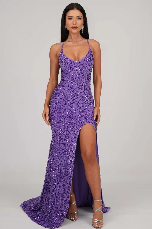 Zelda Side Slit Velvet Sequin Gown - Light Purple
