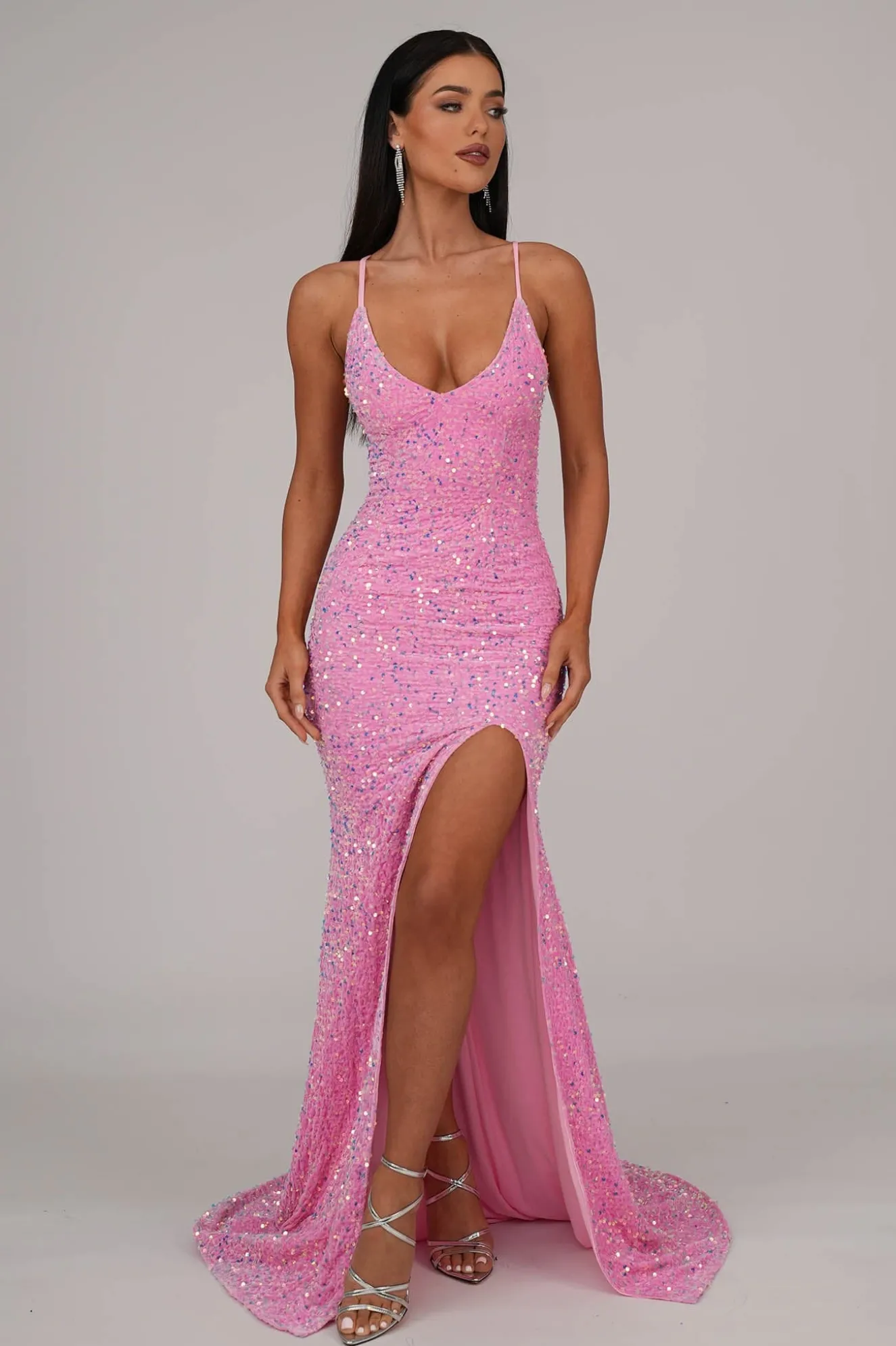 Zelda Side Slit Velvet Sequin Gown - Pink