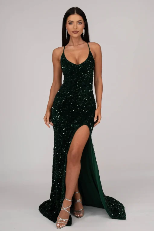 Zelda Side Slit Velvet Sequin Gown - Emerald