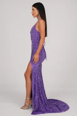 Zelda Side Slit Velvet Sequin Gown - Light Purple