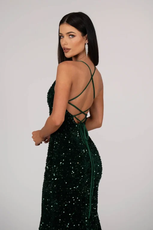 Zelda Side Slit Velvet Sequin Gown - Emerald