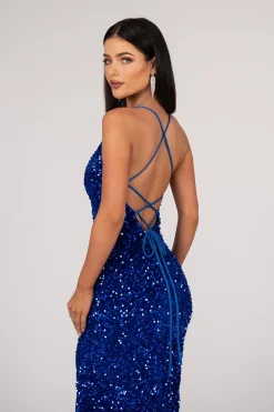 Zelda Side Slit Velvet Sequin Gown - Royal Blue