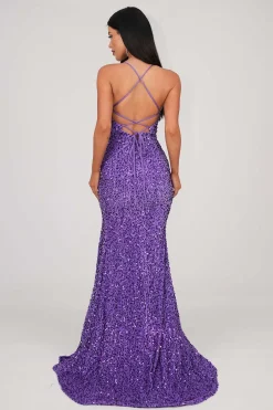 Zelda Side Slit Velvet Sequin Gown - Light Purple