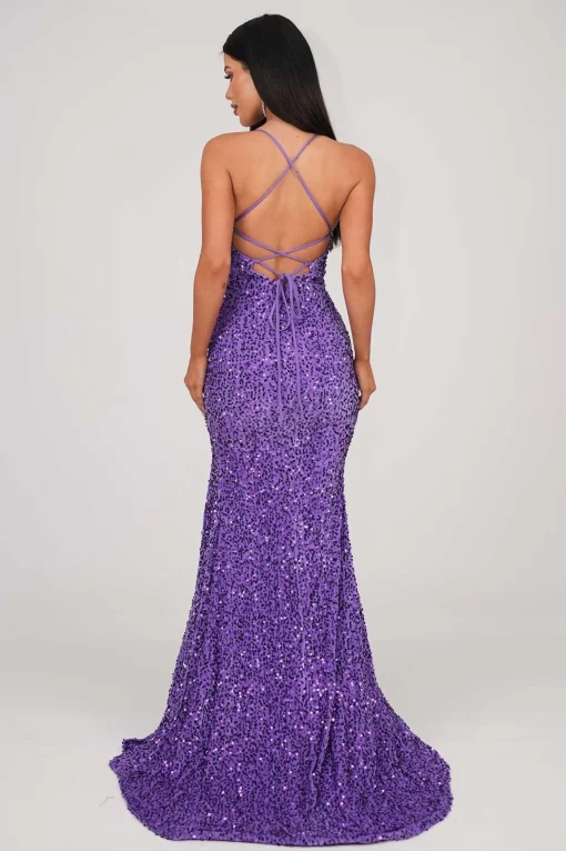 Zelda Side Slit Velvet Sequin Gown - Light Purple